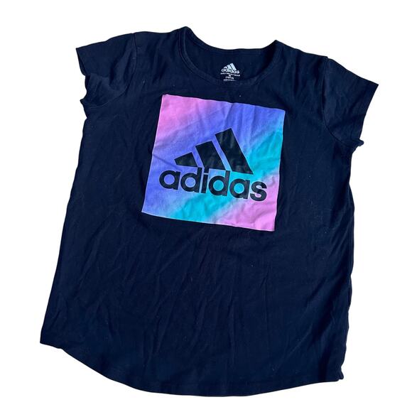 Adidas Black T-Shirt Rainbow Logo Size Medium (10-12) - Picture 1 of 3